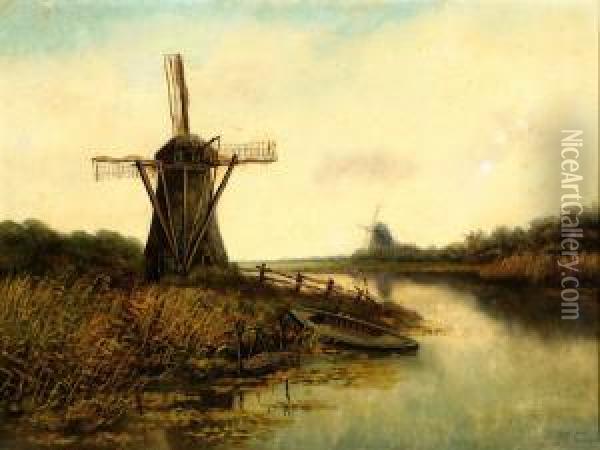 View Of A Moored Fishing Boat By A Mill Oil Painting - Petrus Paulus Schiedges