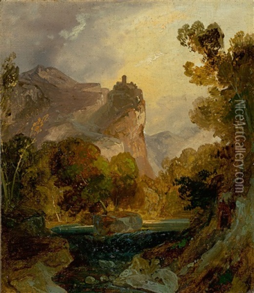 Ansicht Eines Flustals Im Gebirge Mit Einer Burg Auf Hohem Felsen Oil Painting - Carl Blechen