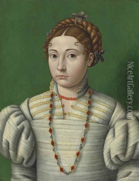 Portrait Of A Lady, Half-length, In A White Embroidered Dress With A Coral Necklace And A Ruby And Gold Chain Oil Painting - Scipione Pulzone