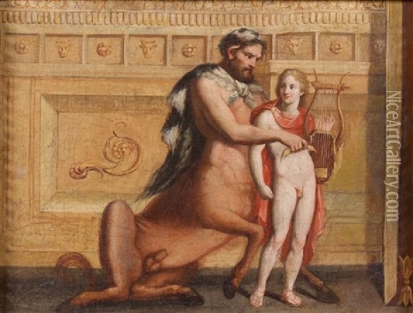 Achille Instruit A La Musique Par Le Centaure Chiron (+ L'education D'hercule Par Chiron; Pair) Oil Painting - Michelangelo Maestri