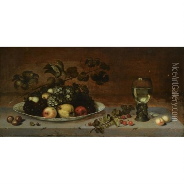 A Still Life With Grapes, Apples, A Quince And Pears On A Wan-li Porcelain Dish, Together With Medlars, Gooseberries, Cherries And Peaches, All On A Stone Ledge With A Roemer Oil Painting - Johannes Bouman
