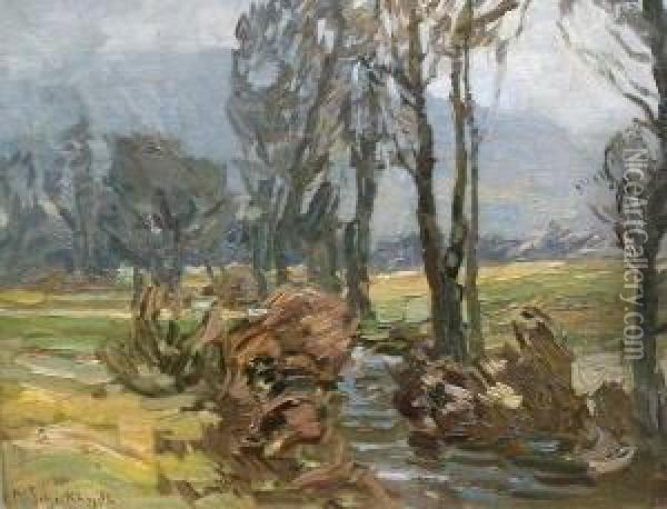 Landschaft Mit Hohen Baumen An Einem Bach Oil Painting - Karl Schickhardt