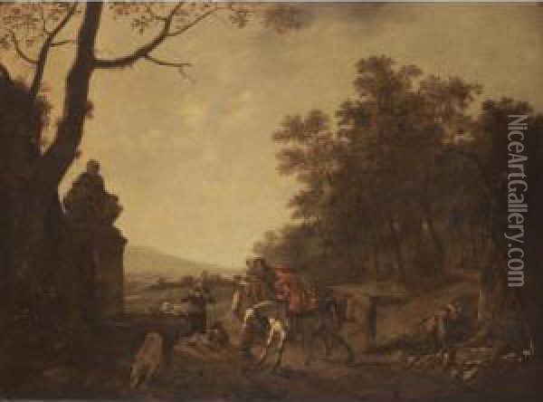 A Hunting Party Resting Beside A Fountain In A Wooded Landscape Oil Painting - Ludolf de Jongh