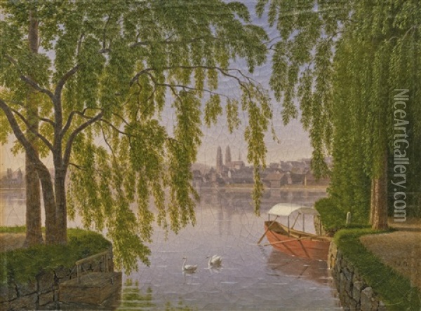 Blick Vom Linken Seeufer Auf Die Stadt Zurich Und Das Grossmunster Oil Painting - Johann Jakob Biedermann