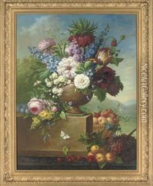 Tulips, Peonies, Roses And Other Flowers In An Urn, An Extensive Landscape Beyond Oil Painting - Jan Thomas Van Yperen