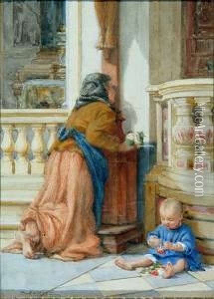 A Mother At Prayer With Infant Alongside Oil Painting - Frank William Warwick Topham