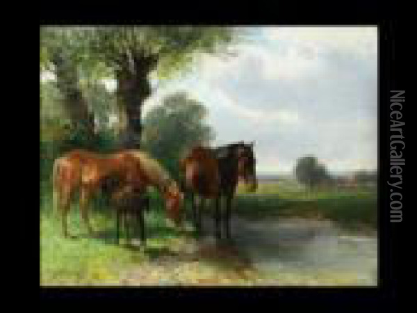 Pferde An Der Tranke Oil Painting - Ludwig Gustav Voltz