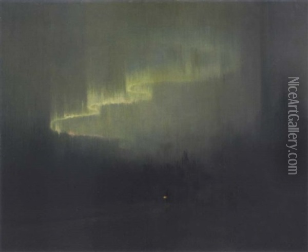 Northern Lights With Cabin Oil Painting - Sydney Mortimer Laurence