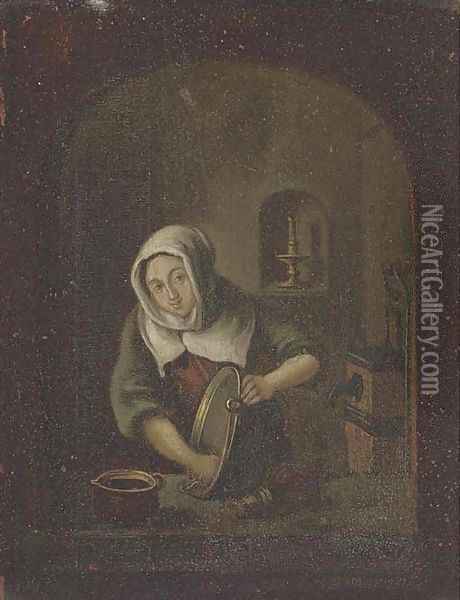A washerwoman at a casement Oil Painting - Gerrit Dou