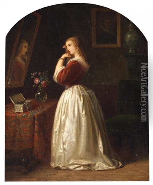 Bei Der Toilette. Junge Dame Vor Einem Spiegel Im Boudoir, Ihr Haar Frisierend Oil Painting - Heinrich Franz Gaudenz von Rustige