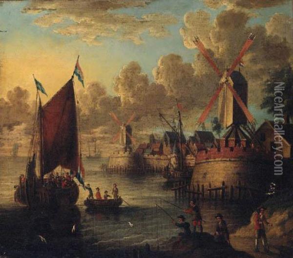 Figures Boarding A Smalschip In A Port With Fishermen On Theshore Oil Painting - Jacobus Storck