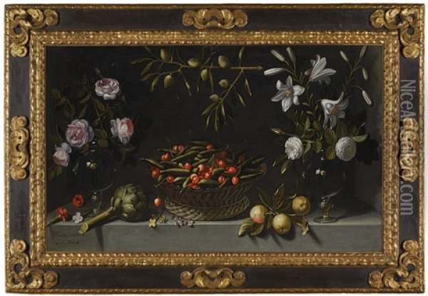 Basket Of Peas And Cherries With Vases Of Flowers Oil Painting - Juan Van Der Hamen Y Leon