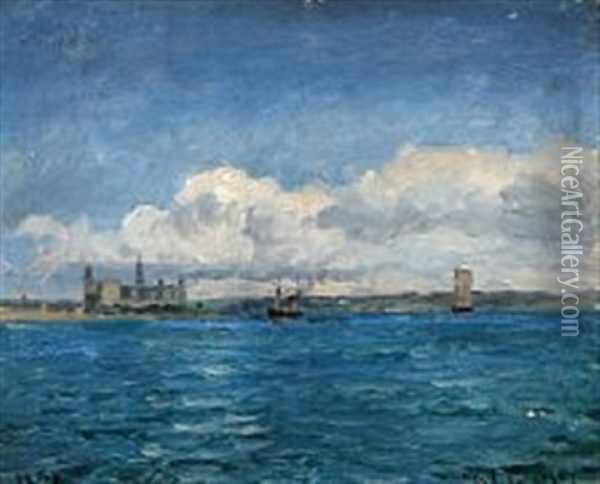 Sailing Ships Out Shore Kronborg Castle Oil Painting - Carl Ludvig Thilson Locher