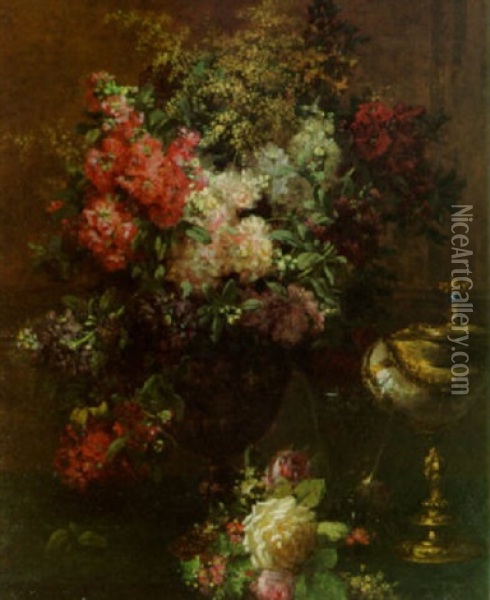 Stocks, Roses And Other Flowers In A Vase Oil Painting - Jean-Baptiste Robie