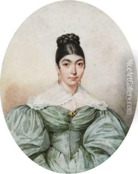 Jeune Femme En Robe Vert Pale A Col De Dentelle Oil Painting - Amelie de Lacepede