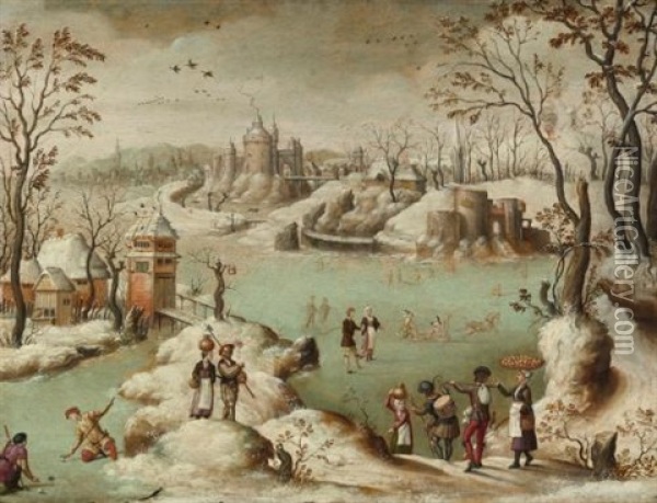 A Winter Townscape With Figures Oil Painting - Abel Grimmer