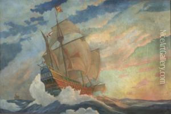 Spanish Galleon At Sea With Sunset Sky Oil Painting - Charles Robinson