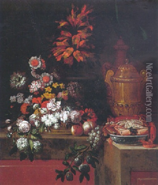 Still Life Of Gilt And Porphyry Urns And A Dish Of Crabs And Prawns Beside A Basket Of Flowers, Grapes, Peaches And Plums Oil Painting - Pierre Nicolas Huilliot