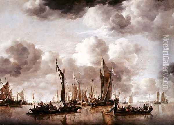 A Dutch Yacht Firing a Salute as a Barge Pulls Away, 1650 Oil Painting - Jan Van De Capelle