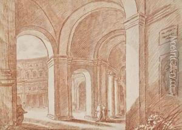 The Courtyard Of The Palazzo Farnese, Rome Oil Painting - Hubert Robert