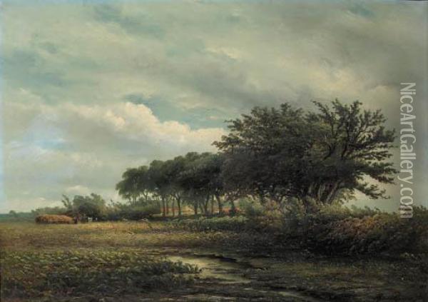 Peasants Harvesting In A Summer Landscape Oil Painting - Albert Jurardus van Prooijen