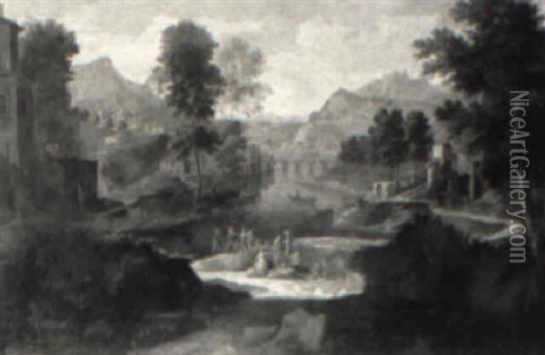 Italianate Landscape With Figures By A River Oil Painting - Jan Van Huysum