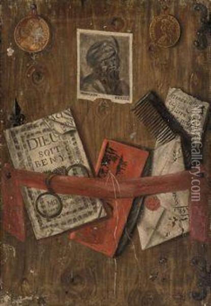 A Trompe L'oeil Of Two Coins, Letters, A Needle And Thread, A Comb,a Pair Of Glasses And Two Flies Oil Painting - Gabriel Gresly