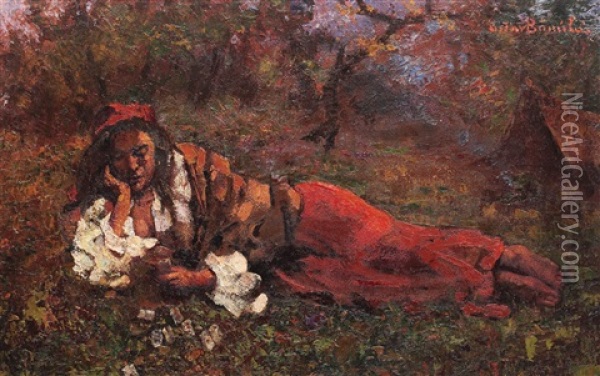 Gipsy Girl Resting Oil Painting - Octav Bancila