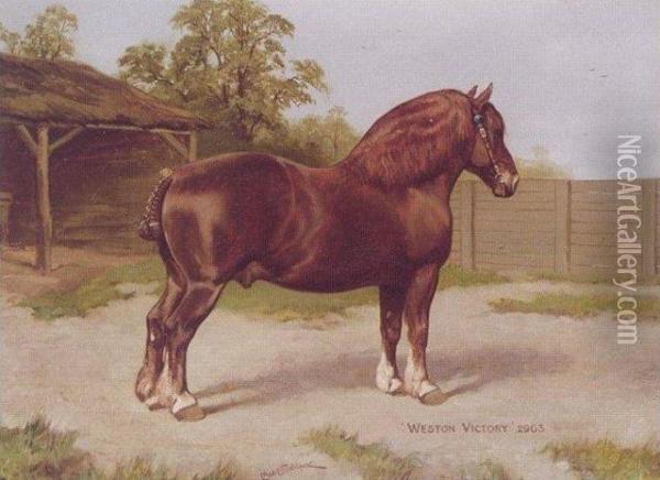 The Dark Red Suffolk Horse 'western Victory' Oil Painting - Charles Edwin M. Baldock