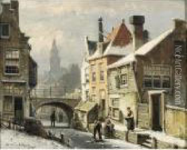 A View Of A Dutch Town In Winter Oil Painting - Willem Koekkoek