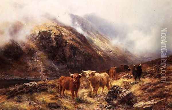 Highland Cattle in a Mountainous Landscape Oil Painting - Louis Bosworth Hurt