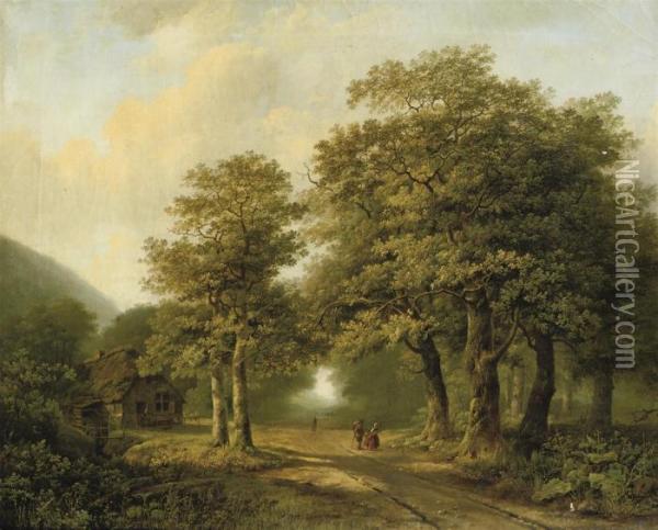A Forest With Figures On A Sunlit Path Oil Painting - Marianus Adrianus Koekkoek