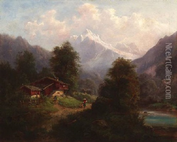 Bauerngehoft In Einem Alpental Mit Blick Auf Schneebedeckte Gipfel Oil Painting - Emil Barbarini