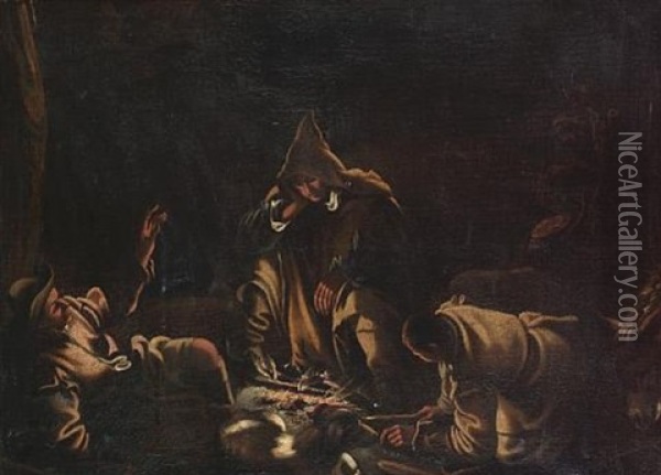 Travellers Seated Around A Campfire Oil Painting - Gerolamo da Ponte Bassano