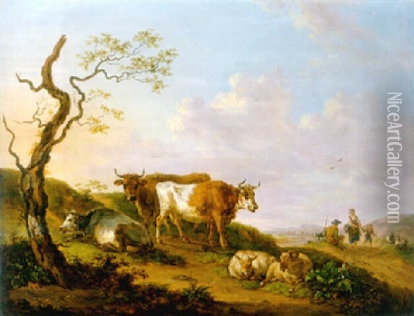 Cows And Sheep By A Broken Tree On The Verge Of A Road, A Shepherd Family Beyond Oil Painting - Jean-Baptiste De Roy