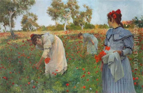 In The Poppy Field Oil Painting - Luis Jimenez Y Aranda
