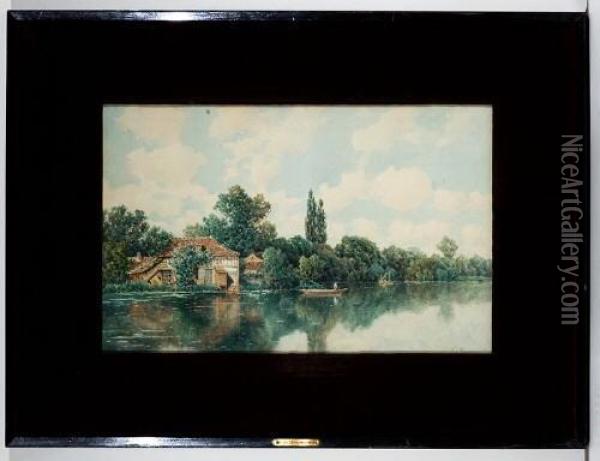 Gehoft Am Fluss. Unten Rechts Signiert F. De Mesgrigny. Aquarell. 35 X 55 Cm. Oil Painting - Claude Francois A. De Mesgrigny
