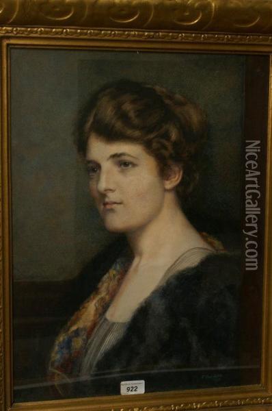 Portrait Of A Lady, Wearing A Black Fur Shawl Oil Painting - Edwin Thomas Johns