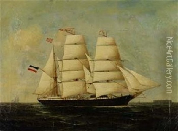 Bremer Bark "kepler" Vor Helgoland (collab. W/peter Chr. Holm) Oil Painting - Heinrich Andreas Sophus Petersen