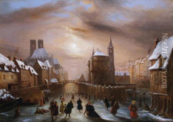 Scene De Patinage A Paris Oil Painting - Louis Claude Malbranche