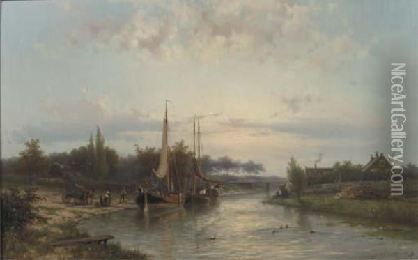 Unloading The Riverbarges In Summer Oil Painting - Johannes Hermann Barend Koekkoek