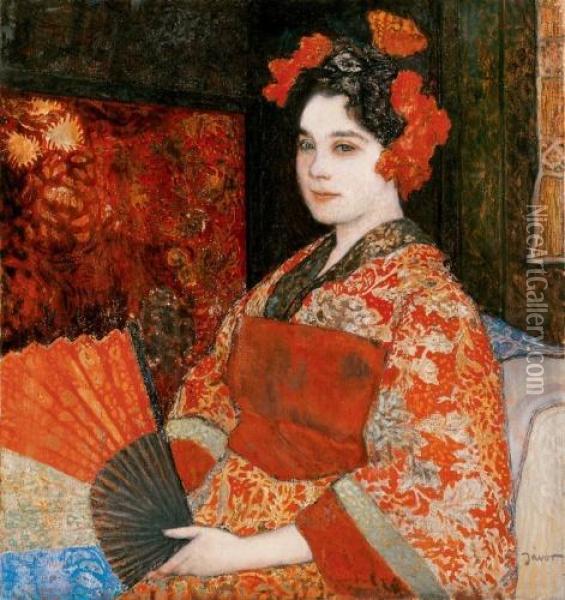 Woman In Japanese Kimono Oil Painting - Pal Javor