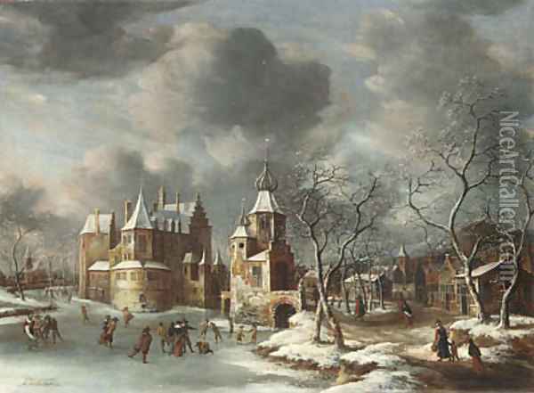 A village in winter with figures skating on a frozen river Oil Painting - Jan Abrahamsz. Beerstraten