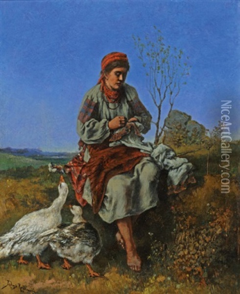 Gansemadchen Oil Painting - Tadeusz Rybkowski