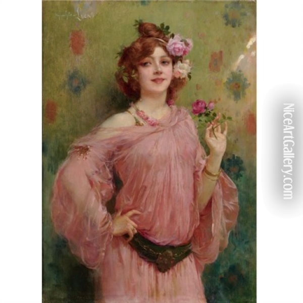A Beauty In Pink Oil Painting - Marie Felix Hippolyte-Lucas