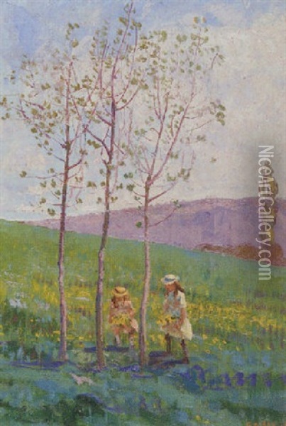 Girls Picking Flowers Oil Painting - Pierre Eugene Vibert