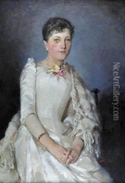 Portret Mlodej Kobiety W Bialej Sukni Oil Painting - Stanislaw Batowski-Kaczor