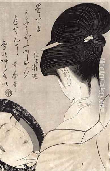 Young woman applying make-up, c.1795-96 Oil Painting - Kitagawa Utamaro
