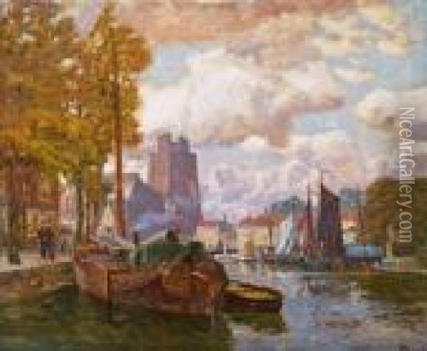 Kanal In Dordrecht Oil Painting - Karl O'Lynch Van Town