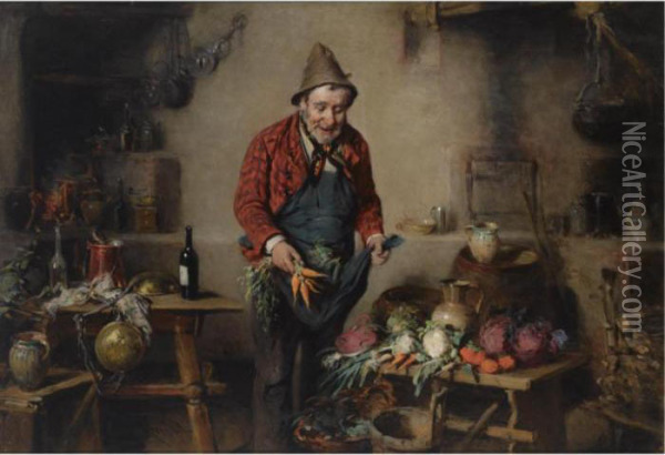 A Peasant In A Kitchen Interior Oil Painting - Hermann Kern